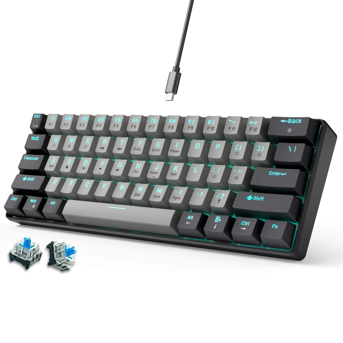 Compact 60 percent mechanical keyboard with black and grey two-tone keycaps and a detachable USB-C cable