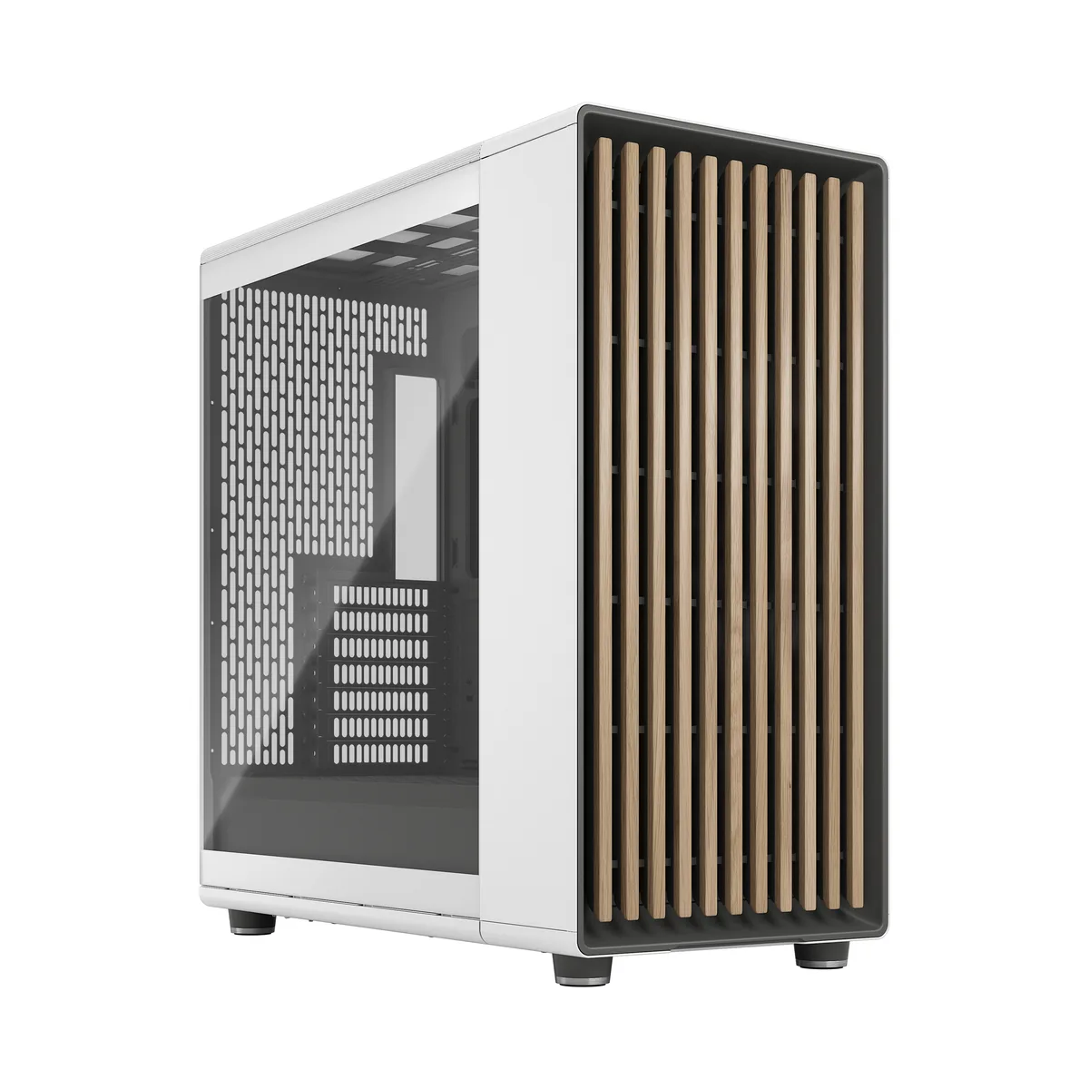Chalk white steel tower with oak front panel and clear tempered glass side panel