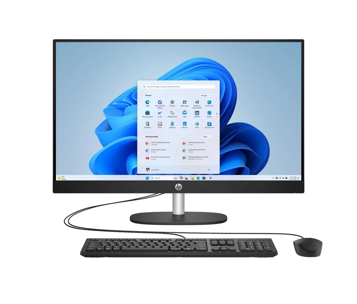 Black 27-inch all-in-one desktop with slim bezels and integrated stand