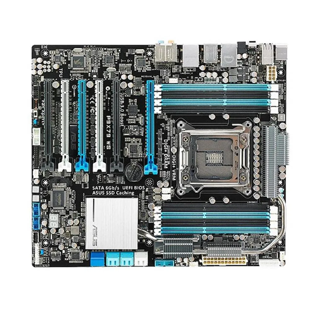 ATX motherboard, black PCB with silver heatsinks and LGA 2011 socket