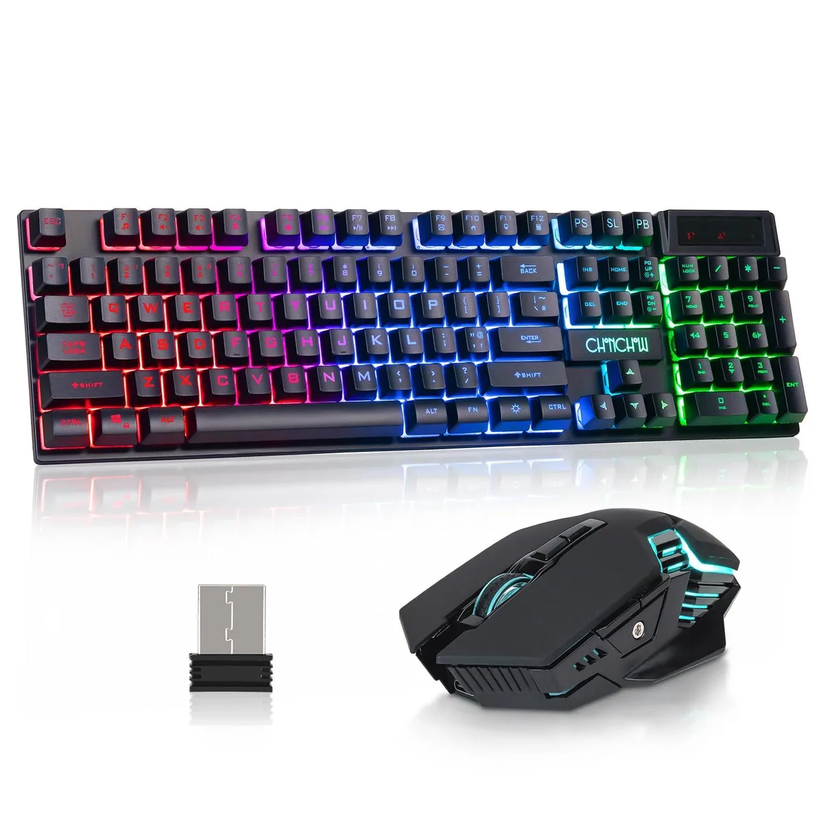 Black wireless keyboard and mouse combo with rainbow LED backlighting