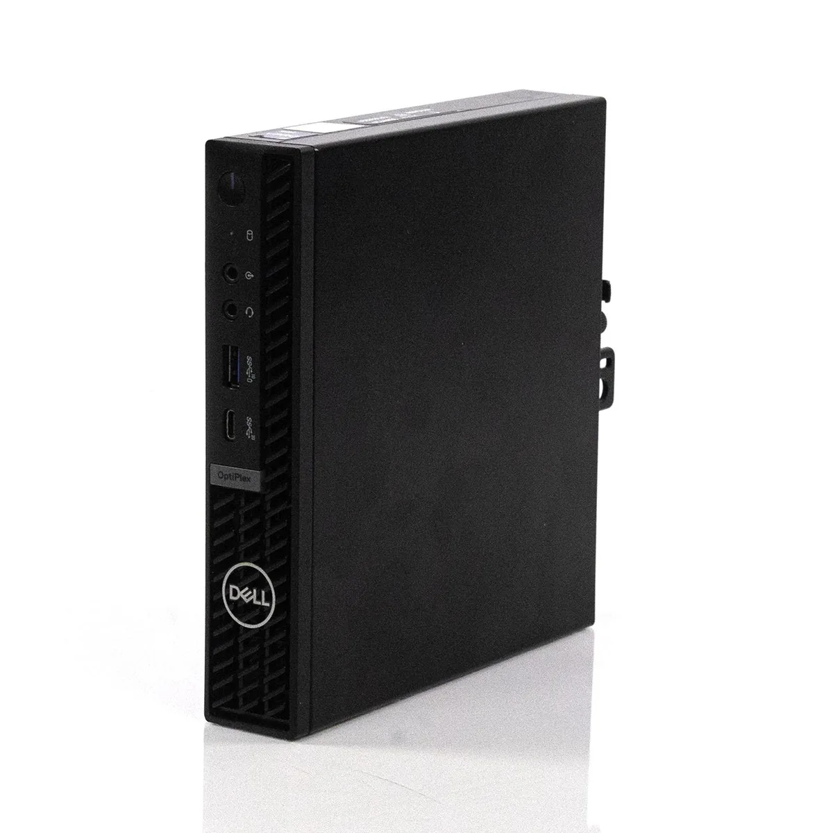 Small black desktop tower with front USB ports and Dell badge