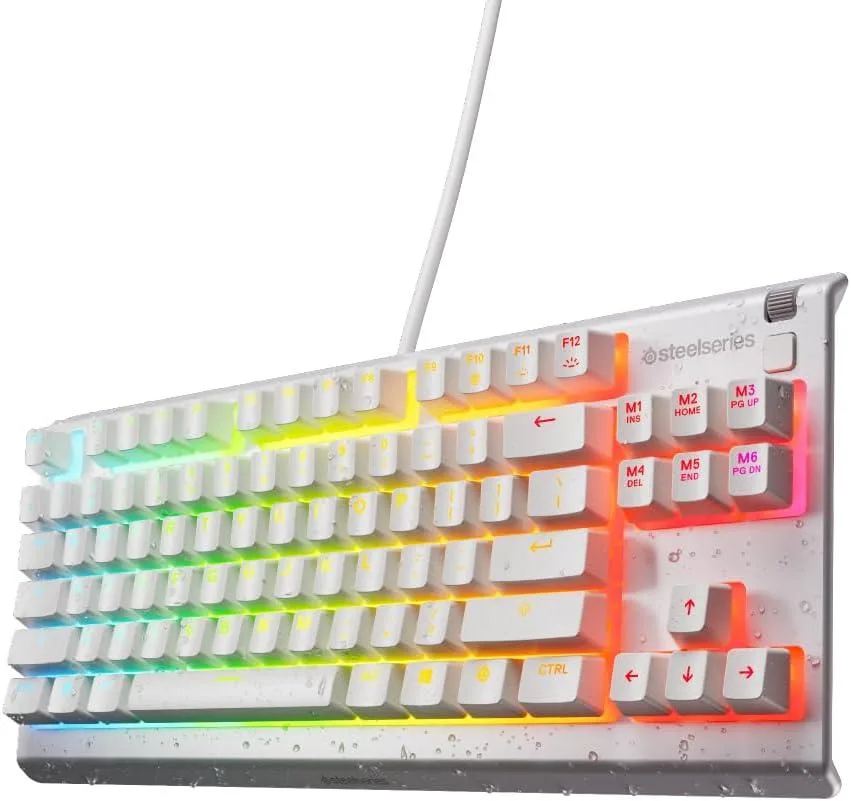 White tenkeyless gaming keyboard with 8-zone RGB backlighting and whisper-quiet membrane switches
