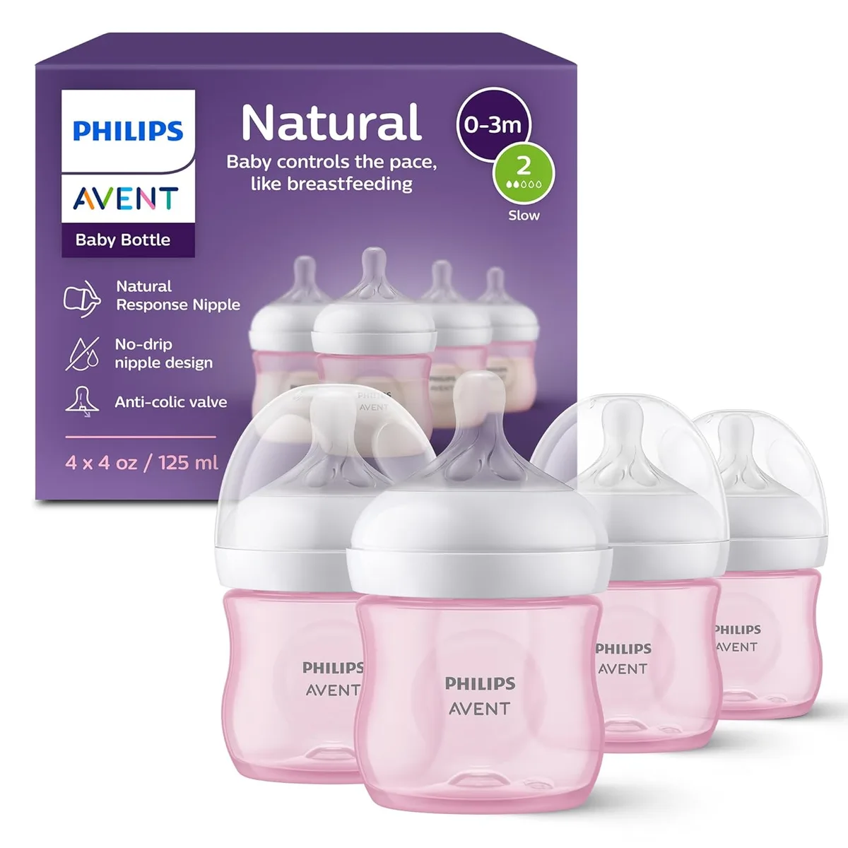 Avent Avent SCY900/14 Natural Baby Bottles 4oz Pink 4-pack Flow 2 — product photo