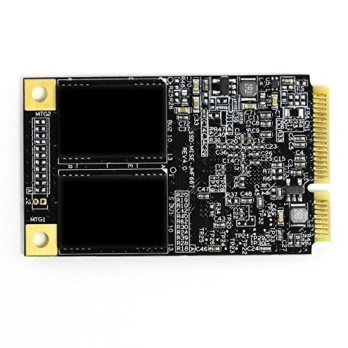 Small green circuit board mSATA SSD with gold edge connector and black memory chips