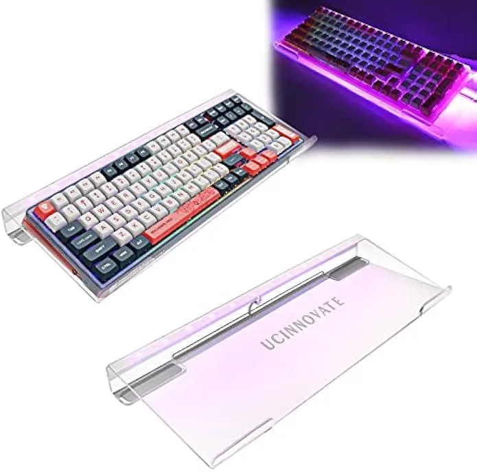 Clear acrylic keyboard stand tilted at 14 degrees with RGB lighting along edges
