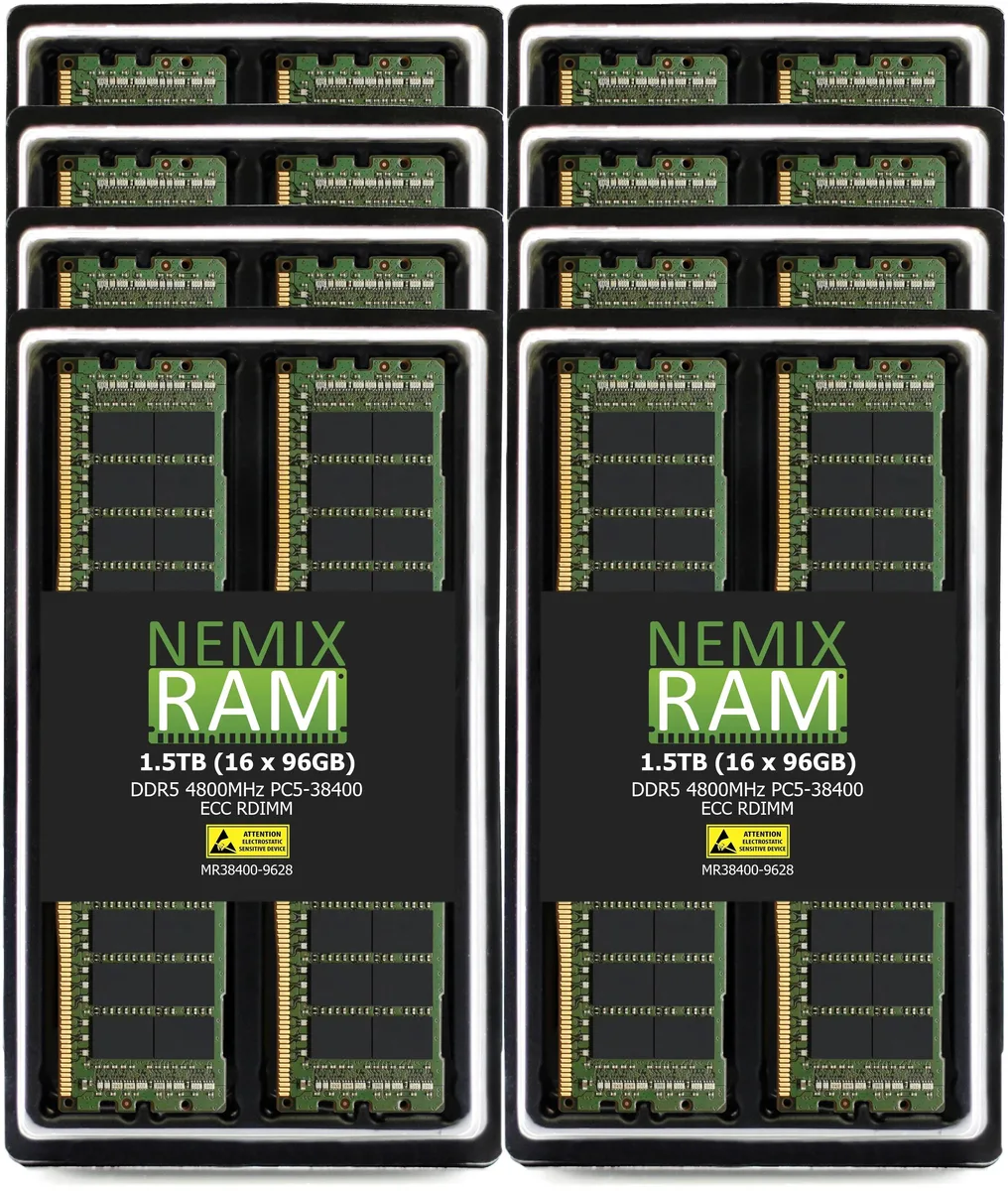 Sixteen green DDR5 RDIMM sticks in a row