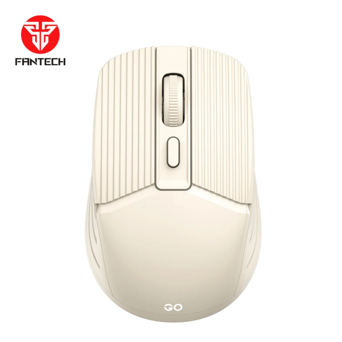 Beige wireless gaming mouse with ergonomic symmetrical shape and USB receiver