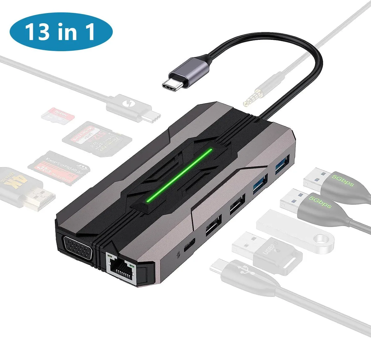 WRIARICH WRIARICH 13 in 1 USB C Hub Gray 100W PD 4K HDMI VGA Ethernet SD TF 2 USB 3.0 2 USB 2.0 USB C 3.0 — fotografia produsului