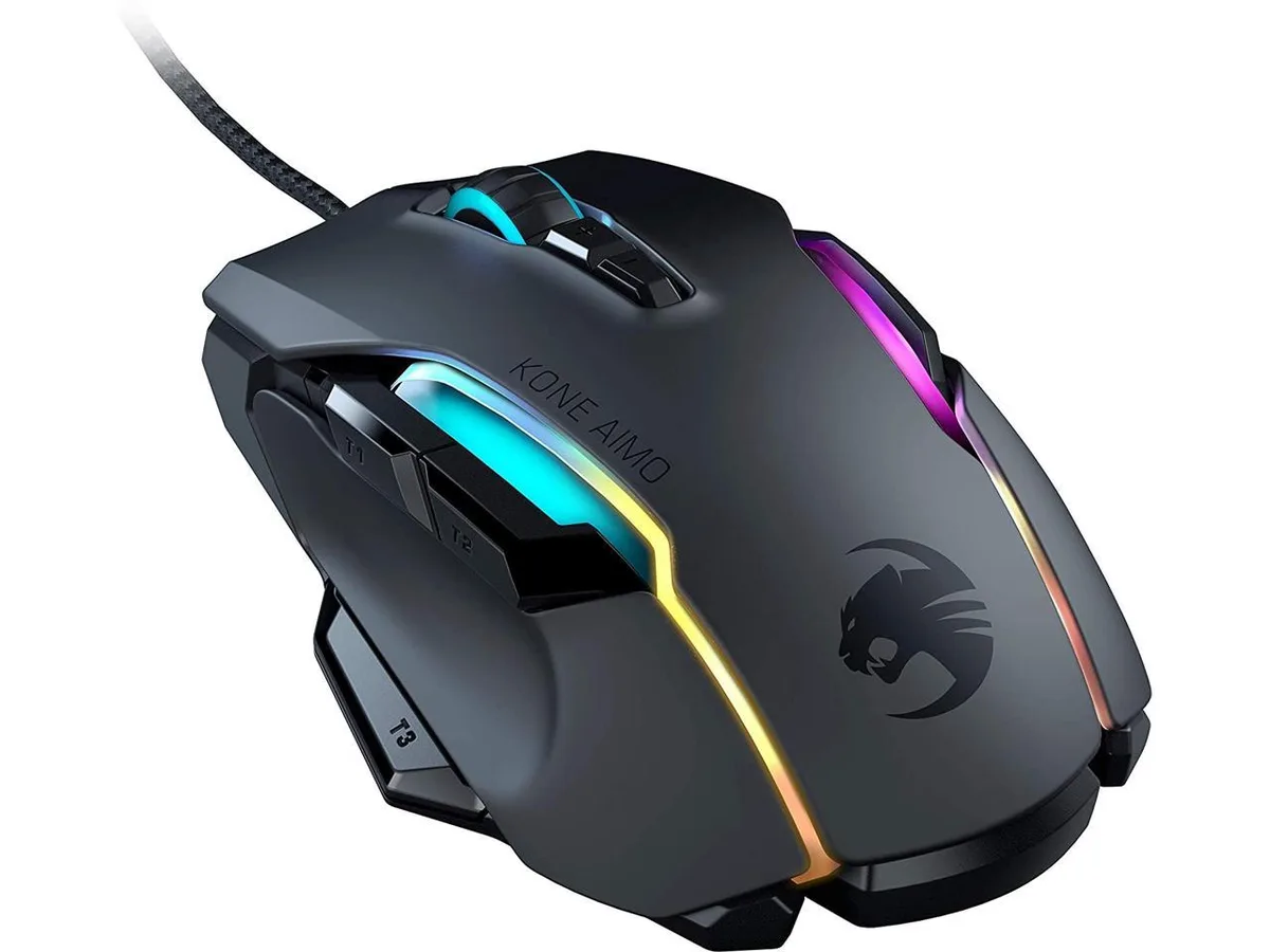 Black wired optical gaming mouse with scroll wheel and RGB lighting zones