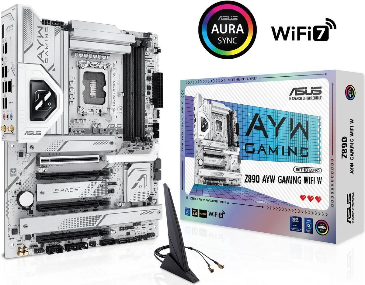 White ATX motherboard with silver heatsinks, four DDR5 slots, multiple M.2 covers and rear I/O shield