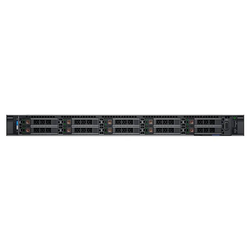 Silver 1U rack server front with ten 2.5-inch drive bays and bezel