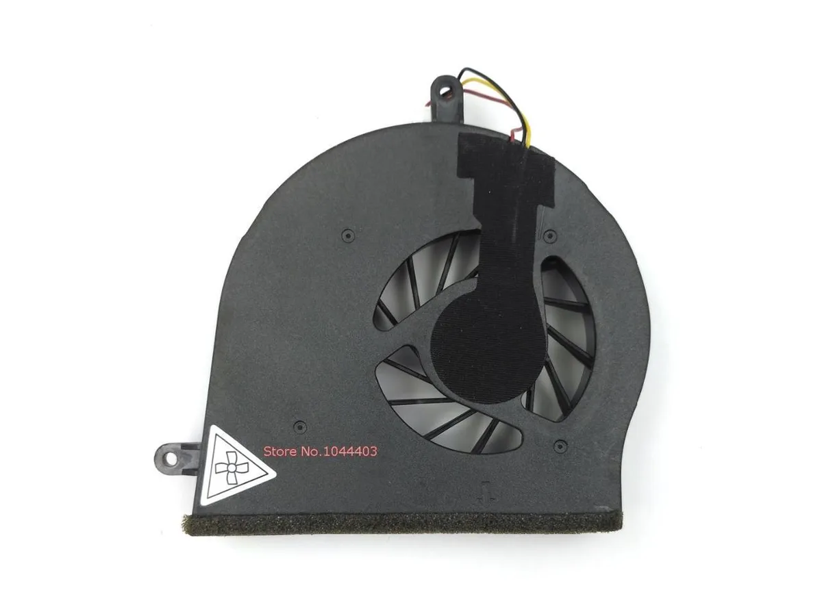 Laptop CPU cooling fan with black plastic housing and copper heat pipes