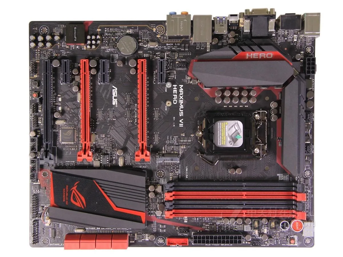 ATX motherboard with black and red heatsinks and LGA 1150 socket