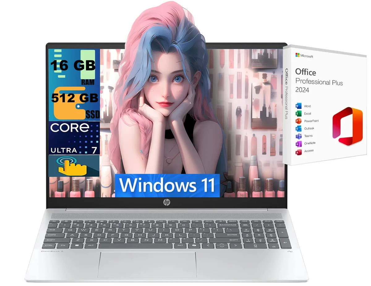 HP HP OmniBook 5 16 laptop, Intel Ultra 7 255U 12-core, 16GB DDR4, 512GB PCIe SSD, 16" WUXGA touchscreen, Silver — photo du produit