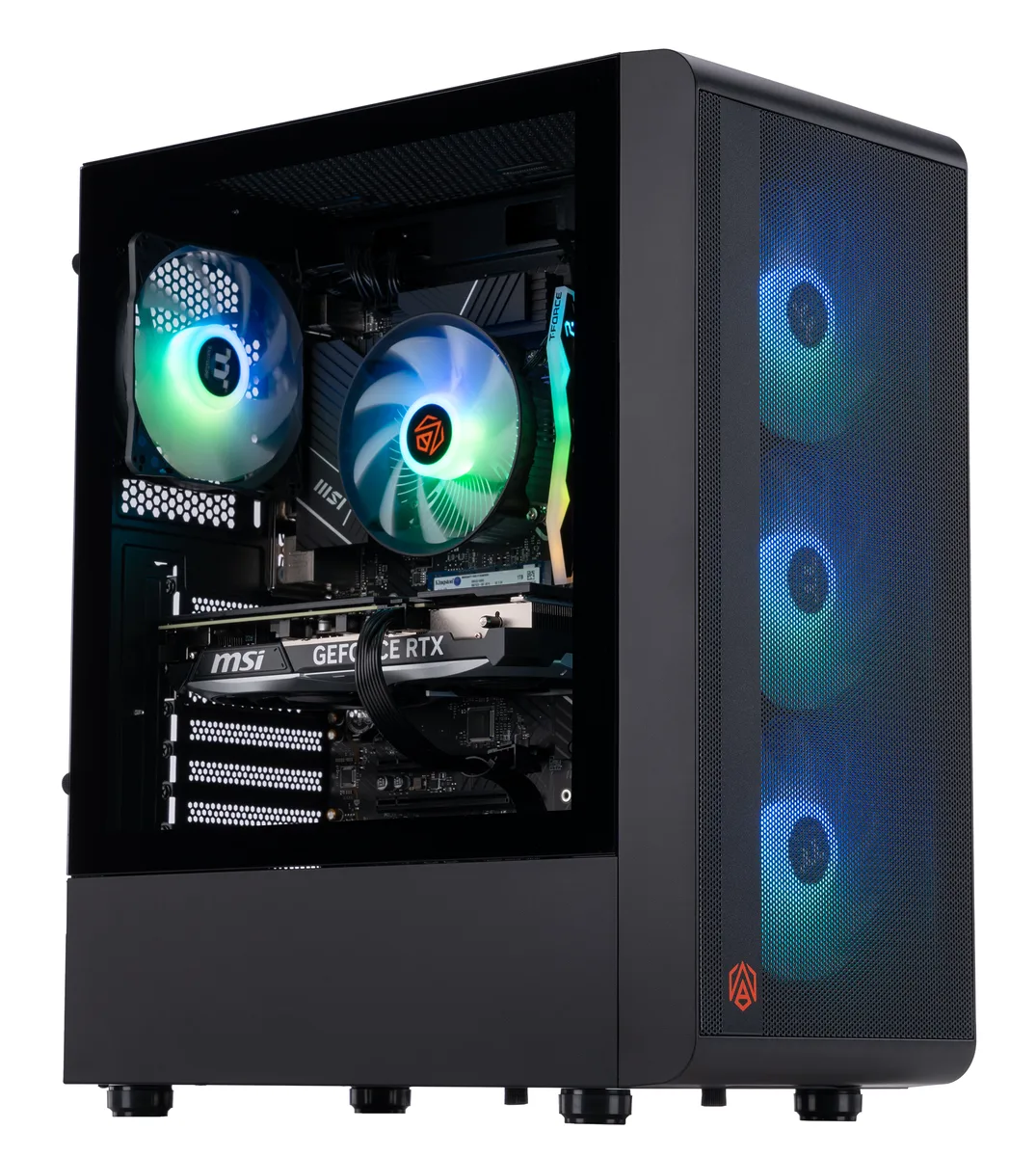 Black mid-tower case with tempered glass side panel and RGB lighting visible inside
