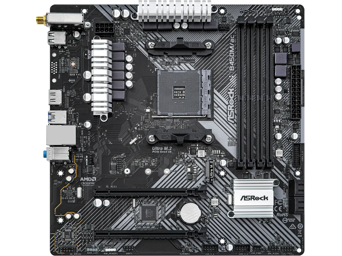 Green micro ATX board with black slots and silver heatsinks