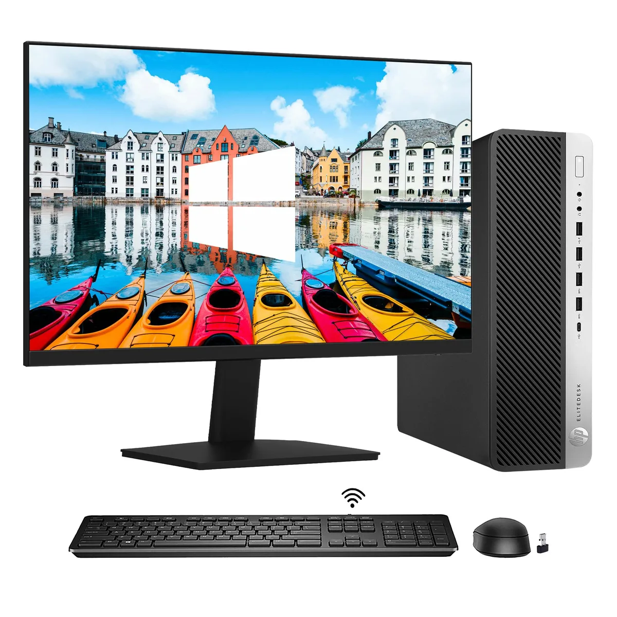 HP HP EliteDesk 800 G4 SFF desktop PC, i5-8500, 16GB DDR4, 512GB NVMe, 24" monitor — photo du produit