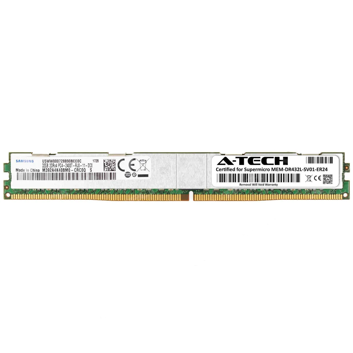 Green rectangular DDR4 RDIMM module with black memory chips and gold edge connectors