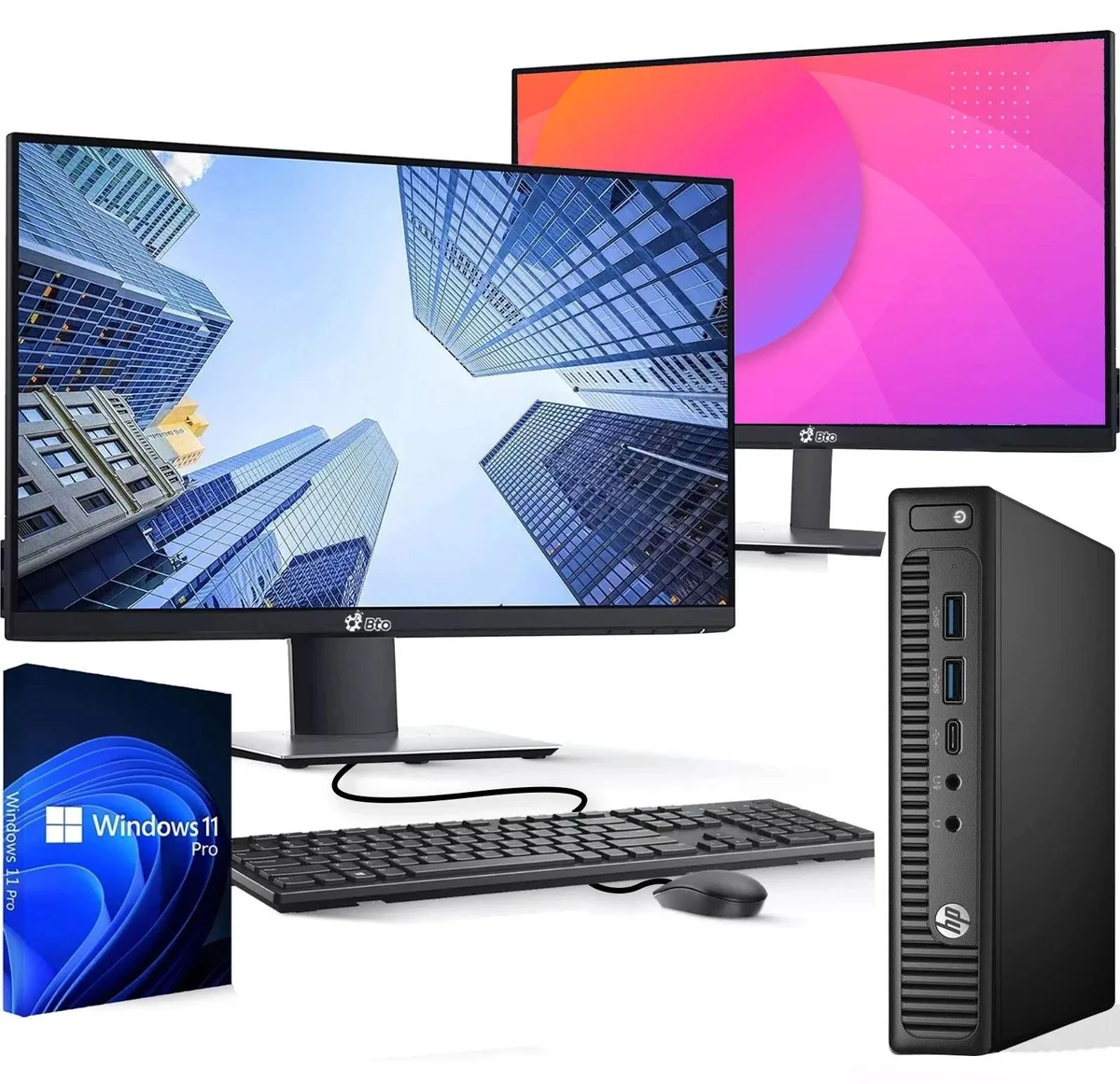 Black HP EliteDesk 800 G2 Tiny mini PC with dual 24 monitors keyboard and mouse
