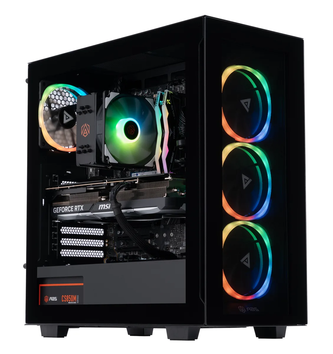 Black mid-tower gaming desktop with tempered glass side panel and RGB lighting visible inside