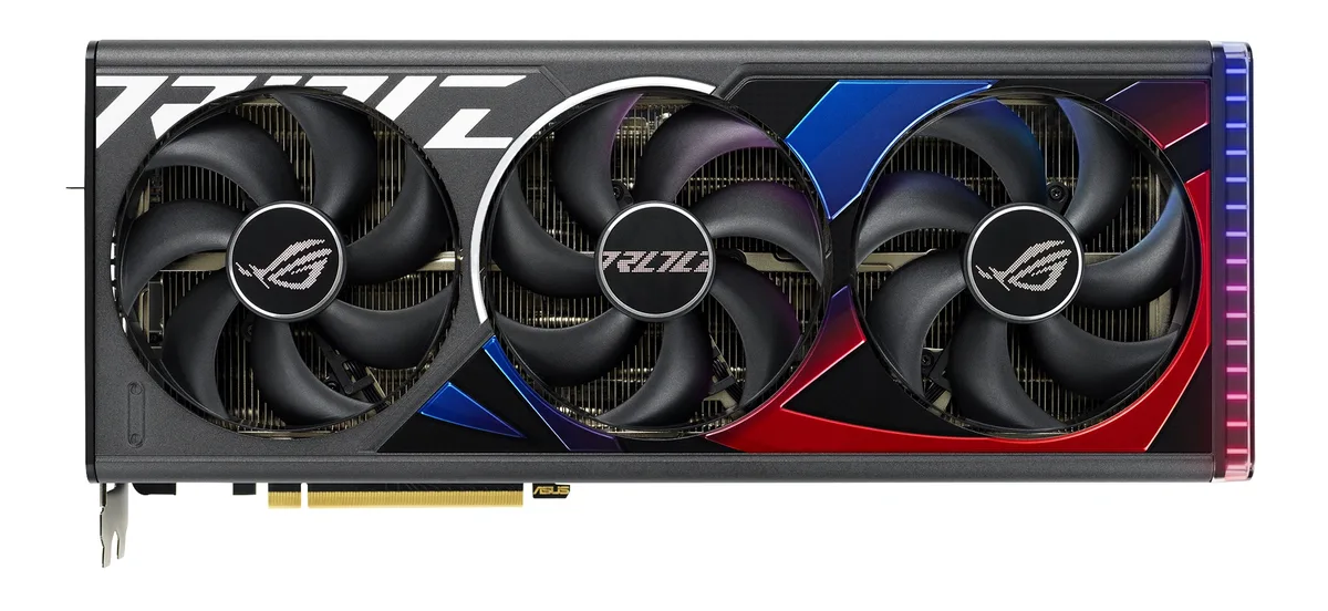 Large black graphics card with three axial fans and metal backplate