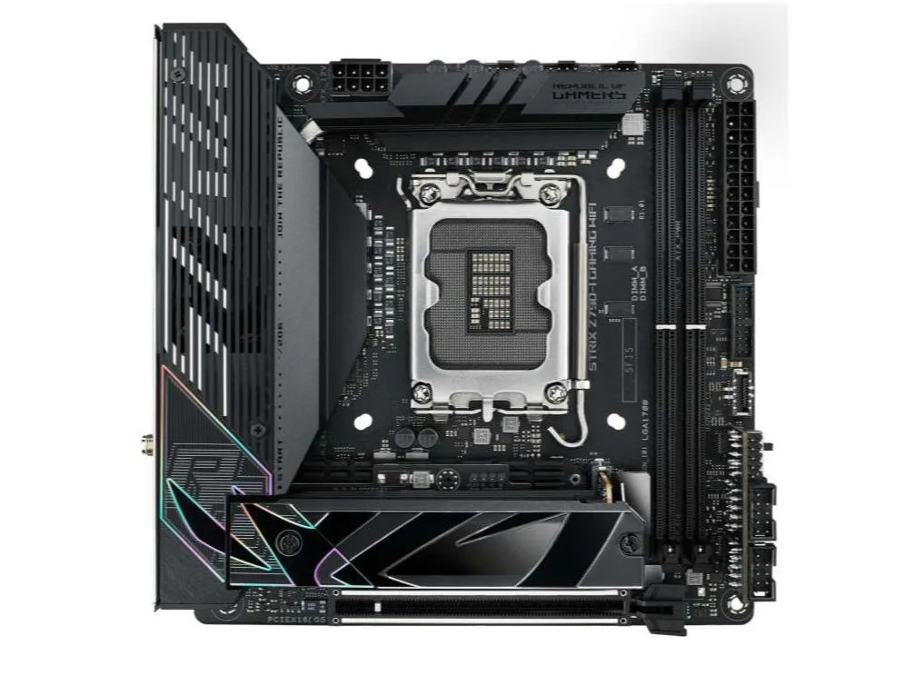 Compact Mini-ITX motherboard with dark heatsinks and rear I/O shield