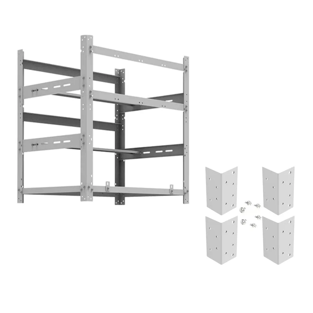White open mining frame with twelve GPU slots and four stacking brackets visible