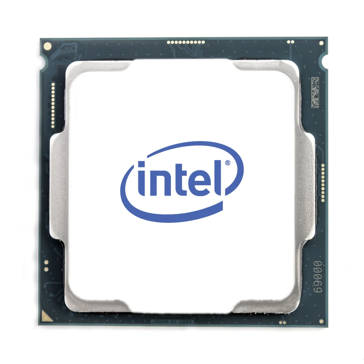 Silver square LGA processor with gold contacts and green substrate, Intel branding visible