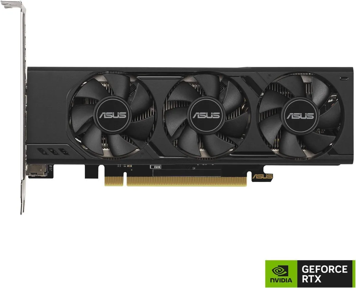 ASUS GeForce RTX 4060 low-profile graphics card with dual fans and metal backplate