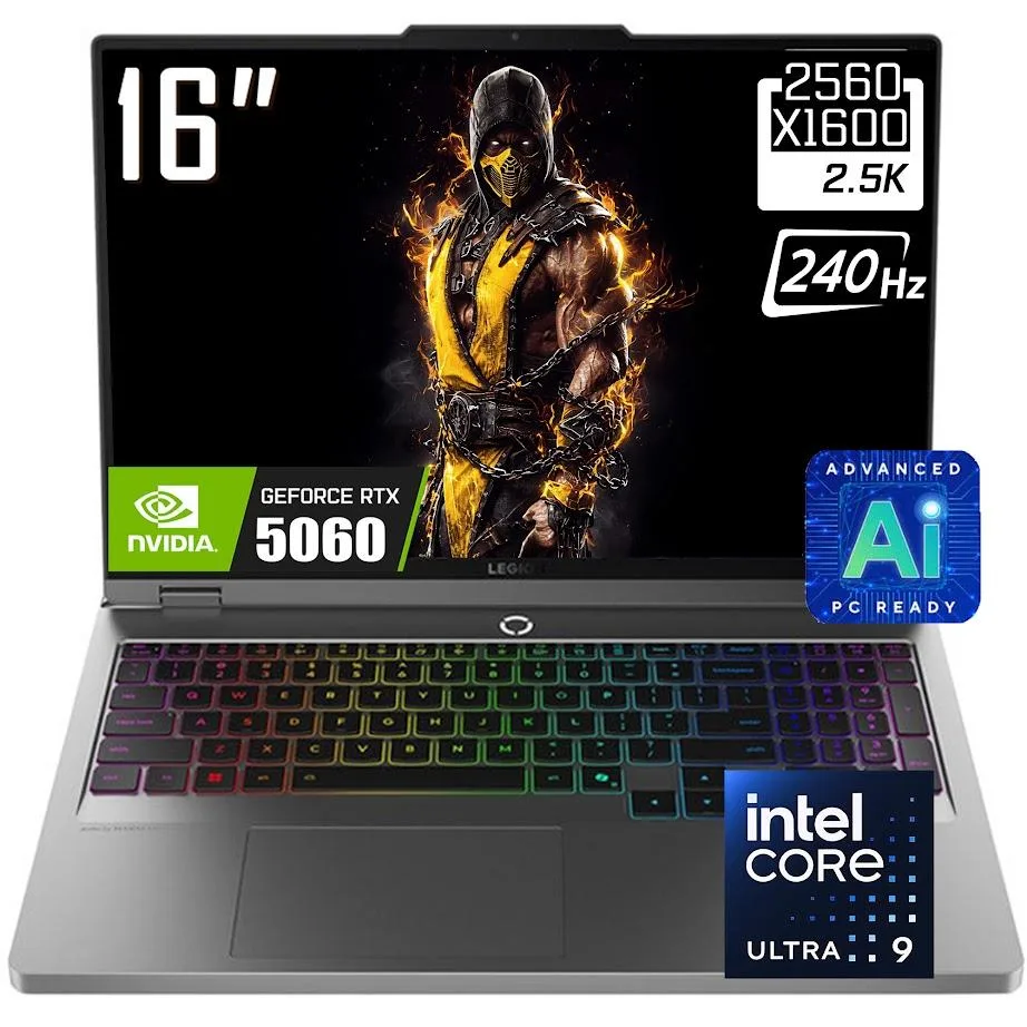 Gray Legion 5i gaming laptop, 16 inch matte display, RGB keyboard visible