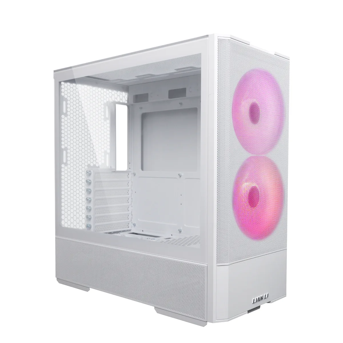 White mid-tower case with tempered glass side panel and four pre-installed fans visible