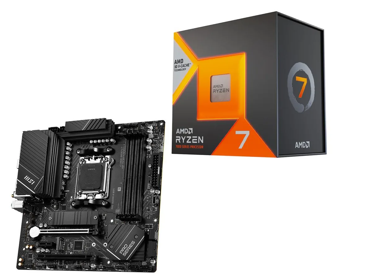 Micro-ATX motherboard with CPU installed, black PCB, silver heatsinks, Wi-Fi antenna ports