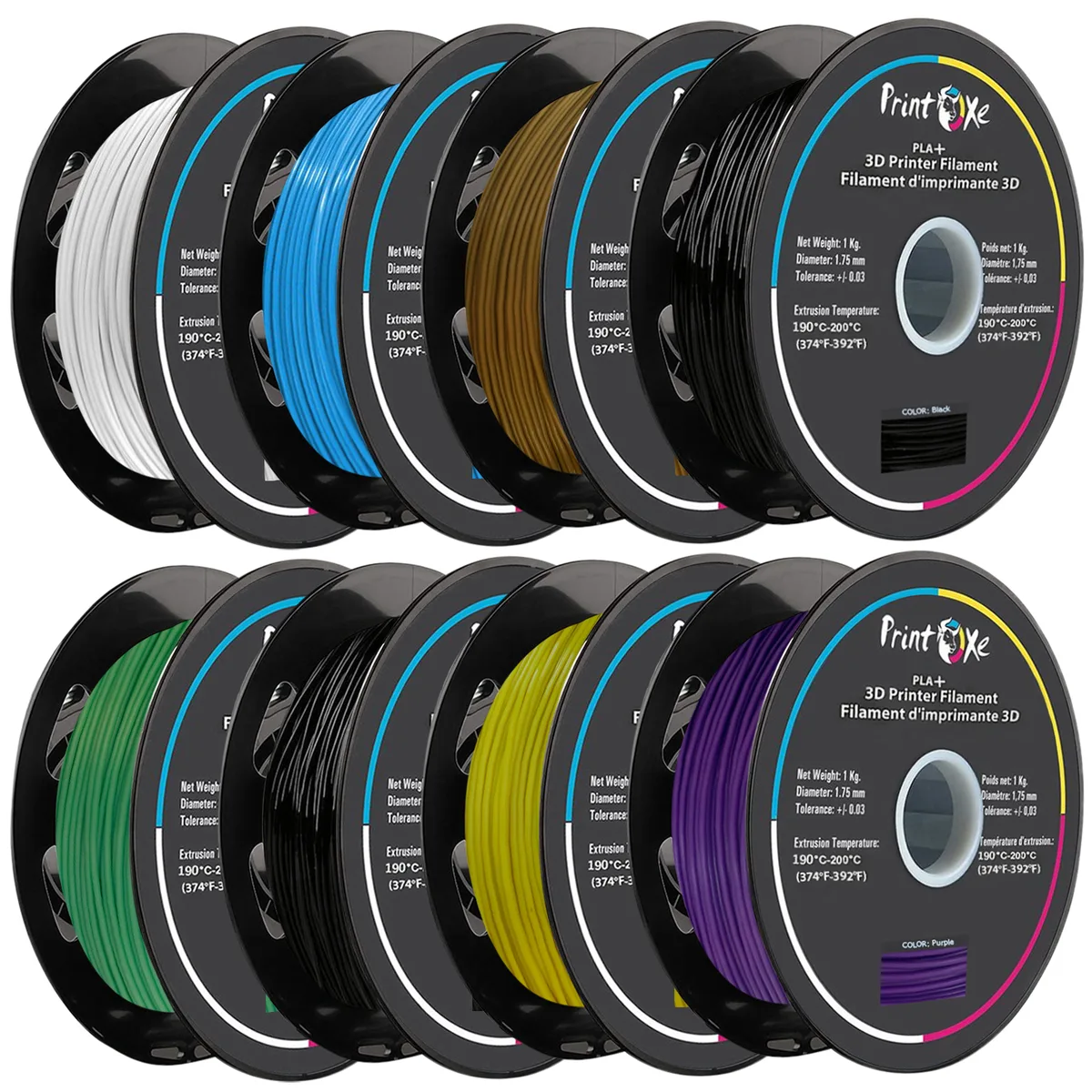 Eight spools of 1.75 mm PLA+ filament in assorted colours, vacuum-sealed with desiccant