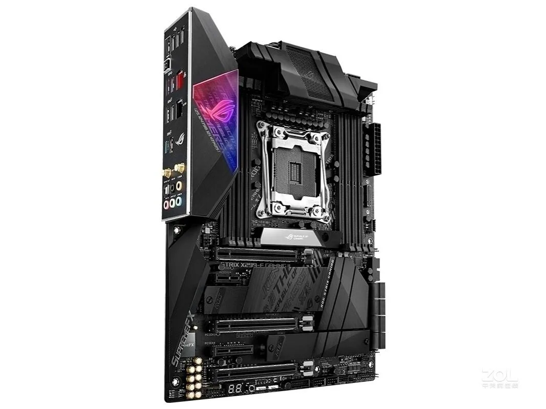 Black rectangular ATX motherboard with silver heatsinks and black PCB visible in top-down view