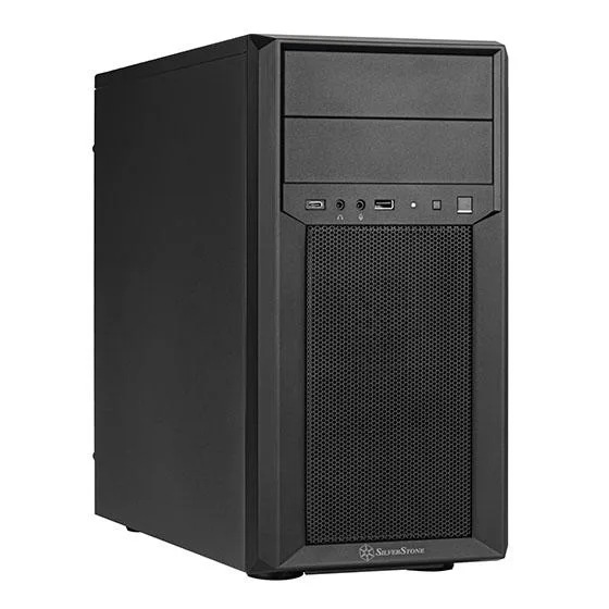 Black micro-ATX tower with perforated mesh front panel and tempered glass side window