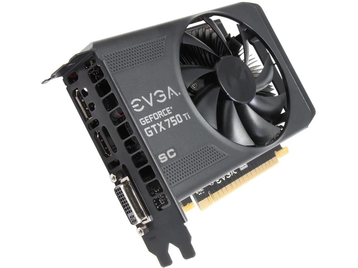 Compact dual-slot graphics card with a single axial fan, matte black shrool and silver backplate, displaying HDMI DisplayPort and DVI