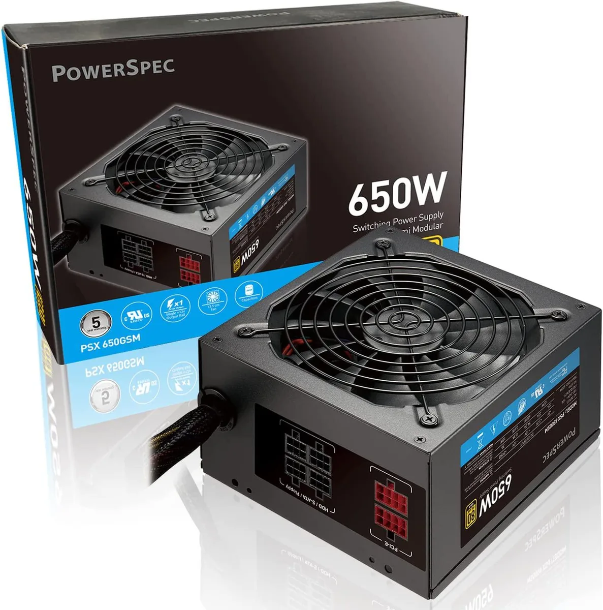 Rectangular black metal ATX power supply unit with semi-modular sleeved cables and 135mm fan visible