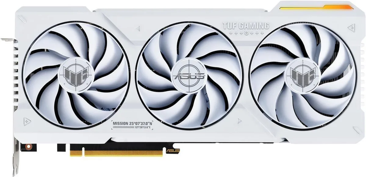 White triple-fan graphics card with metal exoskeleton and PCIe 4.0 interface