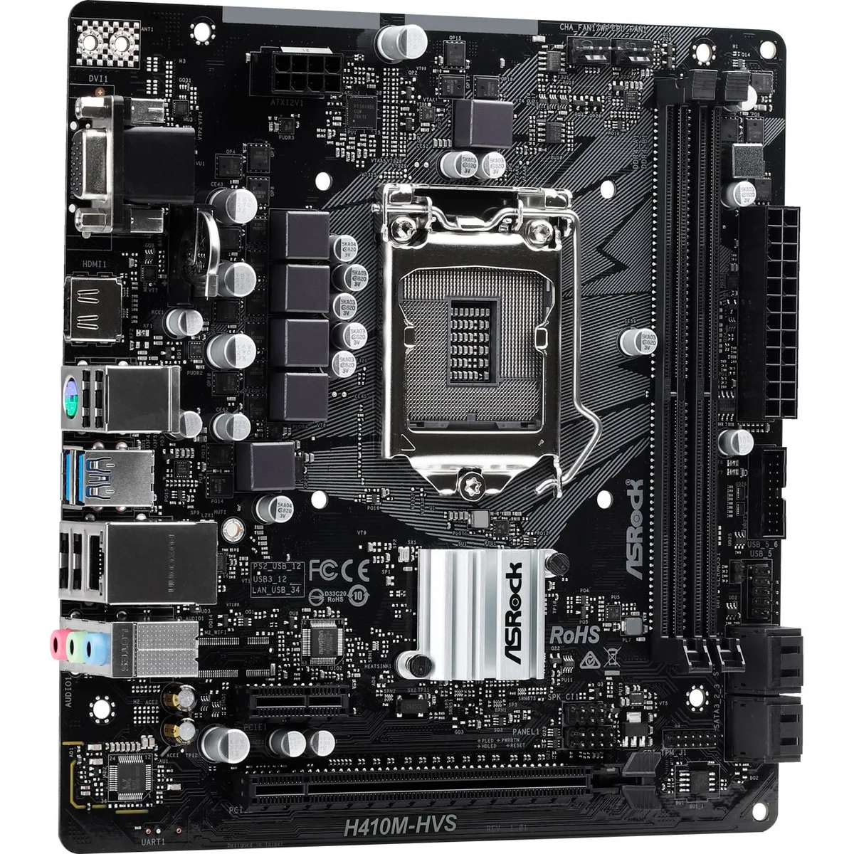 Green micro-ATX board with silver LGA 1200 socket, two black DDR4 slots, single PCIe x16 slot, four SATA ports