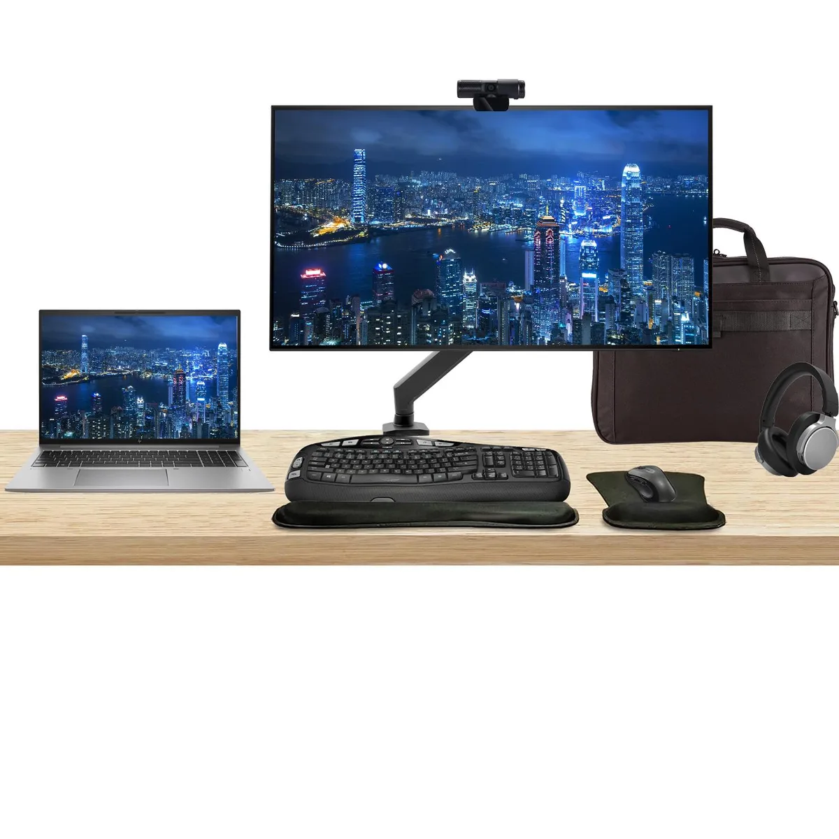HP ZBook Firefly 16 G10 laptop, 32 inch 4K monitor on desk mount, wireless keyboard, mouse, webcam, headphones and briefcase