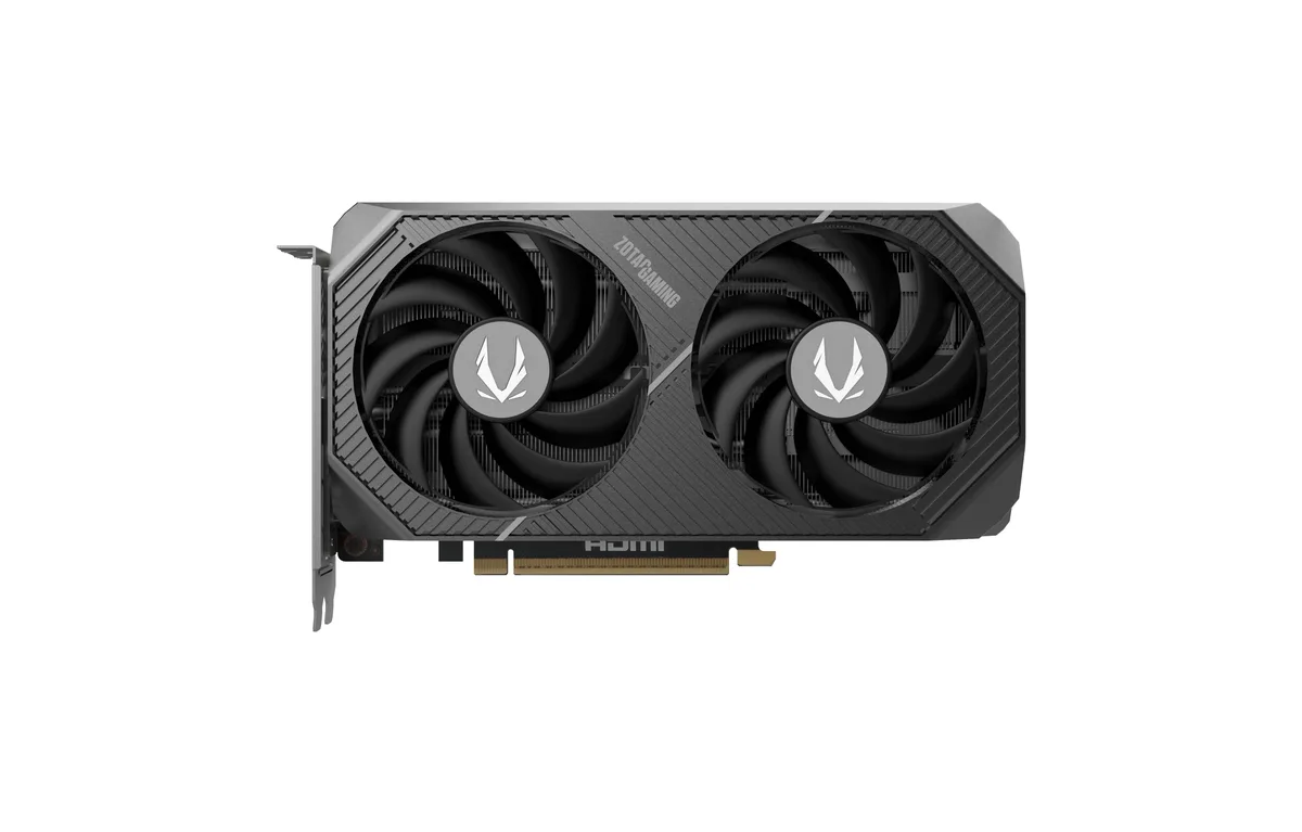 Black dual-slot graphics card with dual fans, 8.7 inches long
