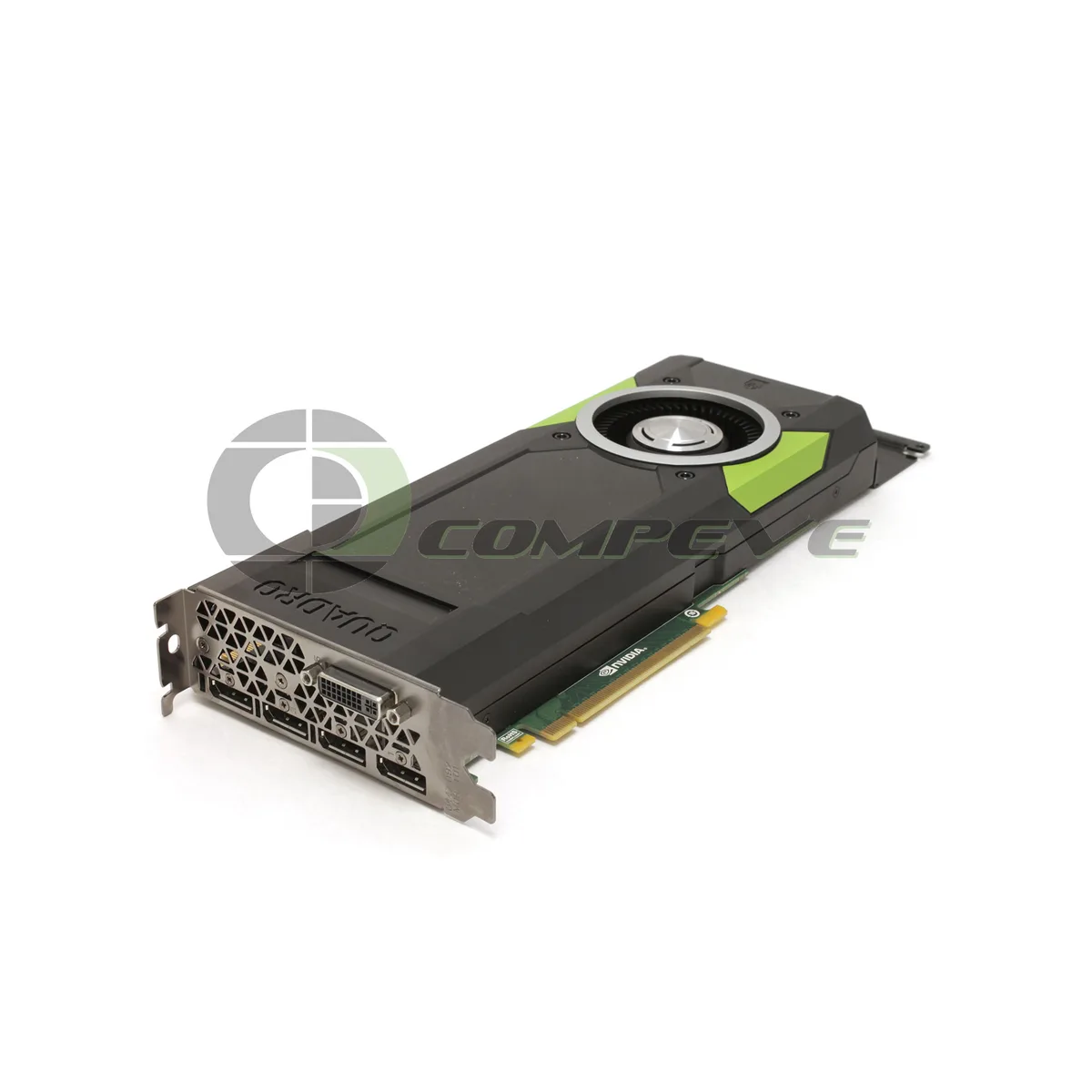 Full-height dual-slot graphics card in matte black with four DisplayPort and one DVI output