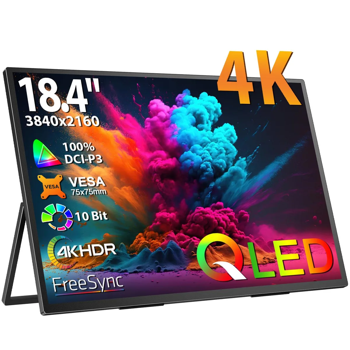 Black 18.4 inch frameless portable monitor with built-in kickstand and VESA mount