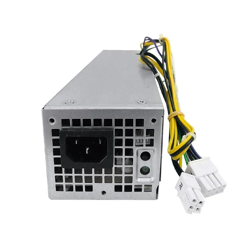 Rectangular ATX power supply unit with matte black metal casing and cooling fan grille