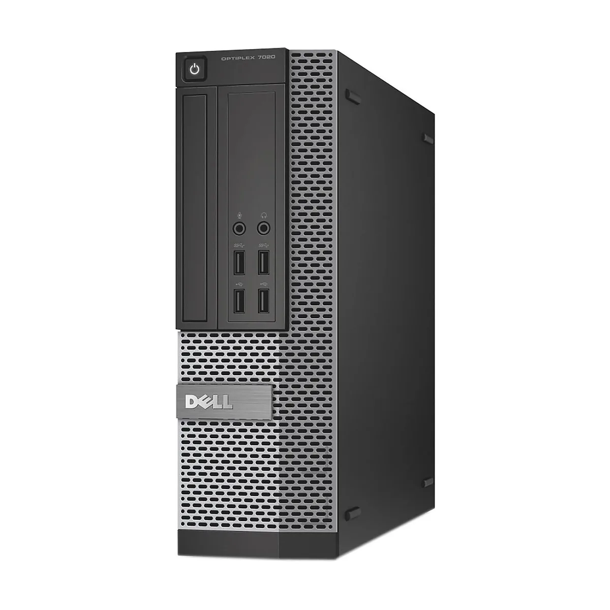 Black and silver small-form-factor desktop tower with USB keyboard and mouse
