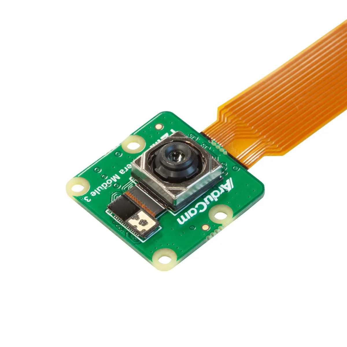 Small green circuit board with a silver camera lens and a flat ribbon cable attached