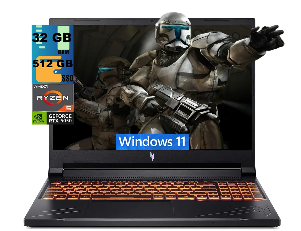 Black 16-inch gaming laptop with matte finish and backlit keyboard