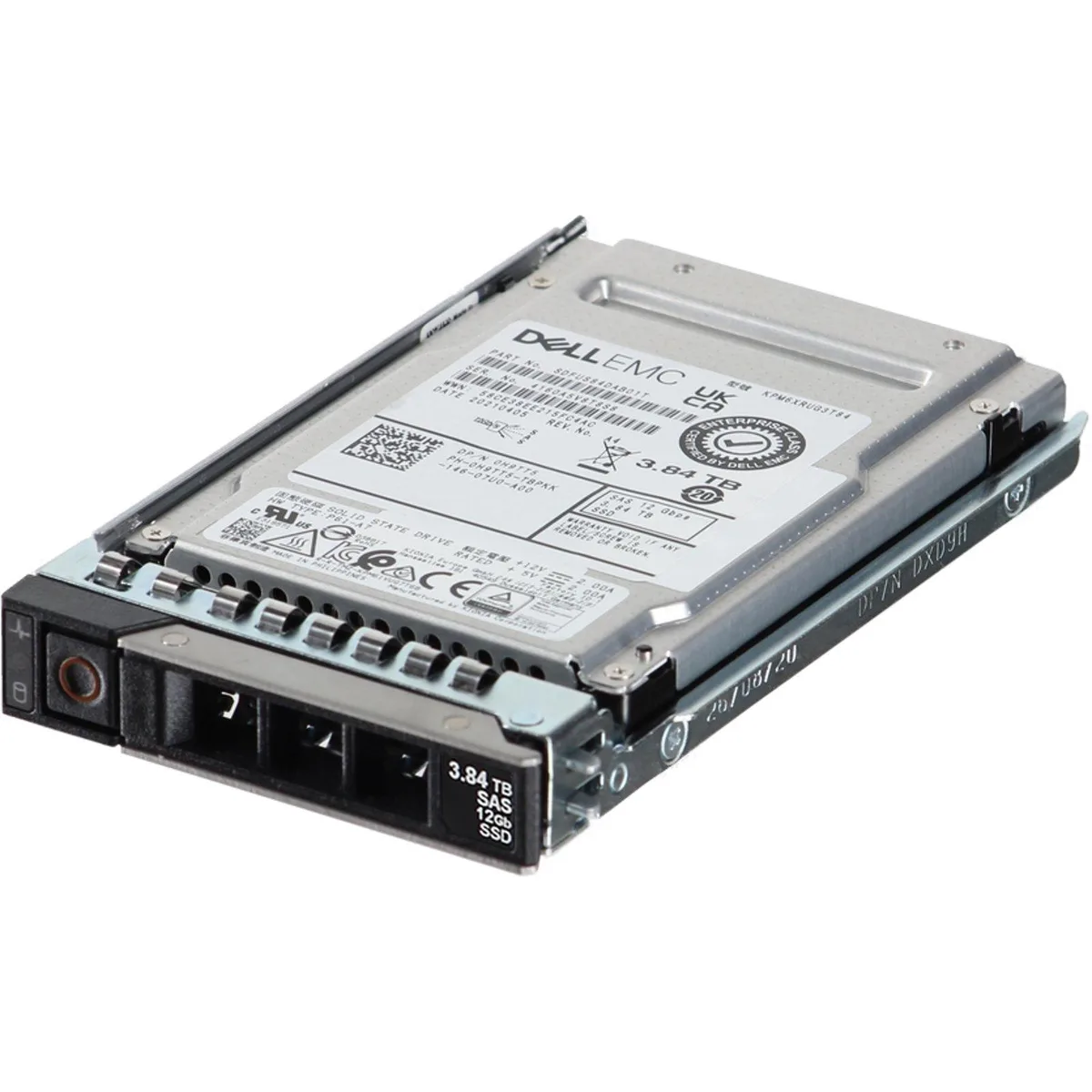 Small rectangular 2.5 inch SAS SSD with silver metal casing and green circuit board visible