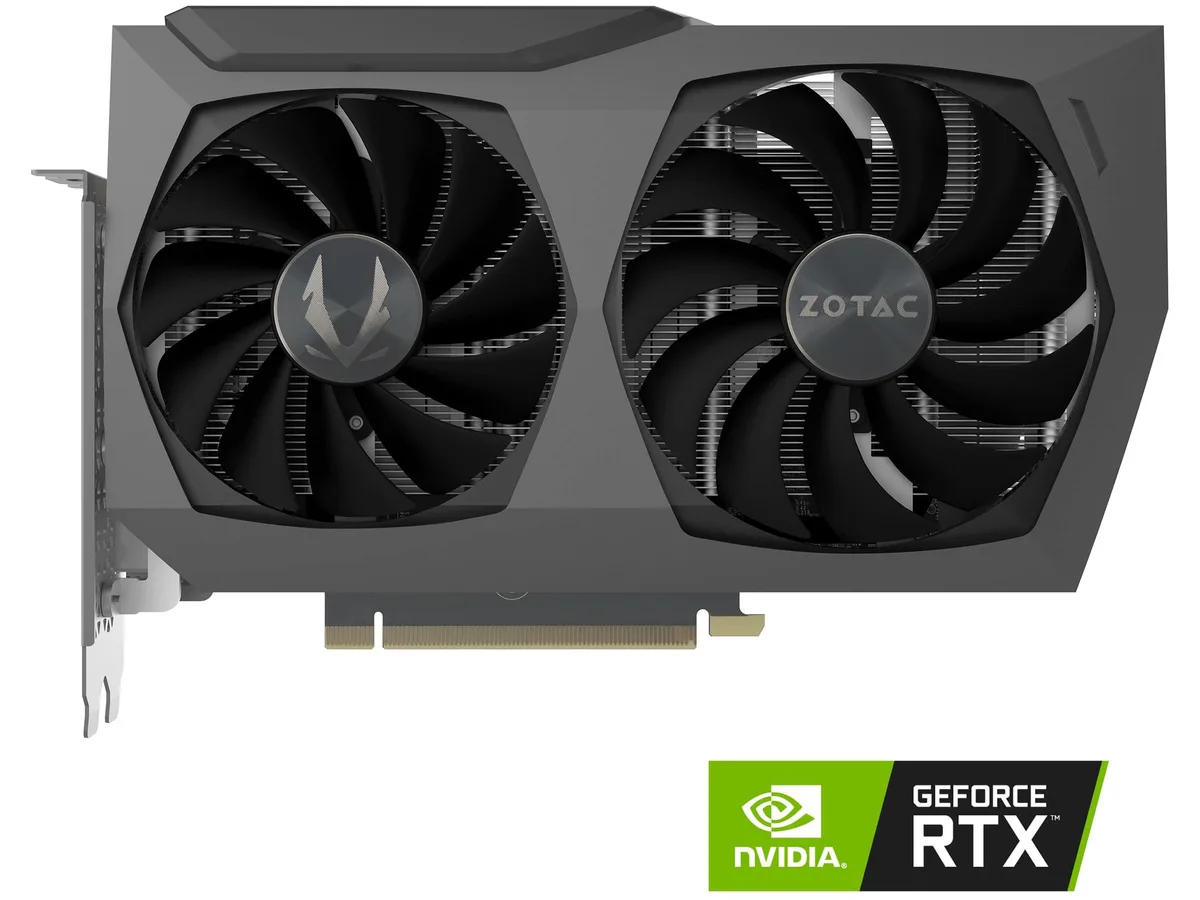White dual-fan graphics card with metal backplate